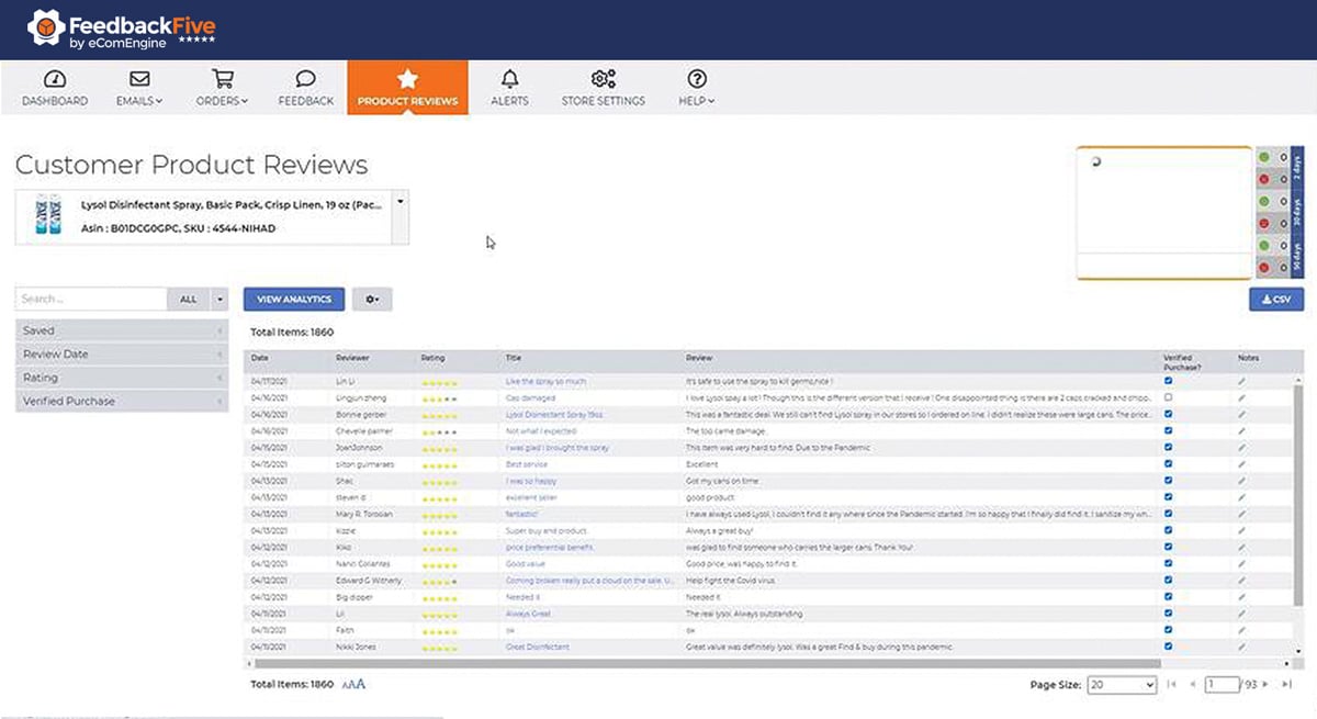 FeedbackFive Amazon review monitoring dashboard showing review trends and rating alerts