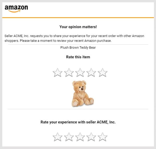 Example of the email that Amazon sends to buyers to request a product review and seller feedback