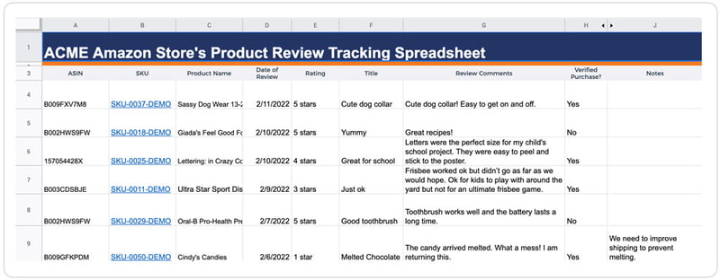 Screenshot that shows Acme Amazon store's product review tracking spreadsheet