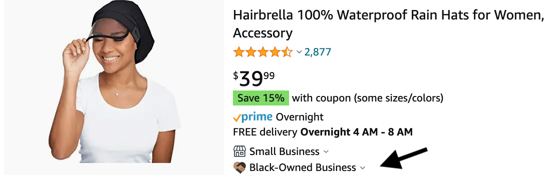 Amazon Black-Owned Business badge on a product listing