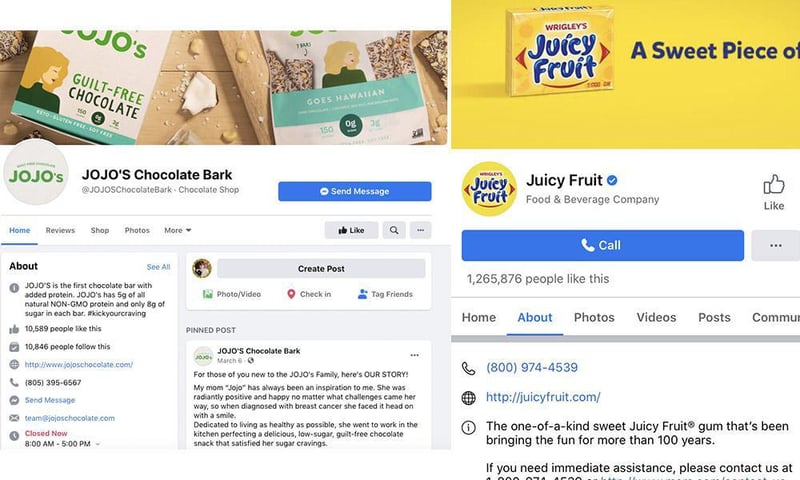 Examples of branded Facebook pages with contact options