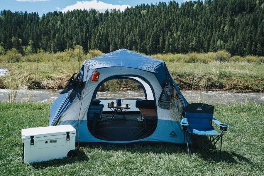 Cooler beside a tent