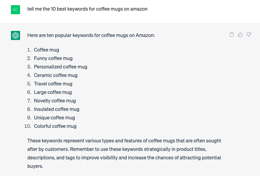 ChatGPT prompt asking for the best keywords for coffee mugs on Amazon