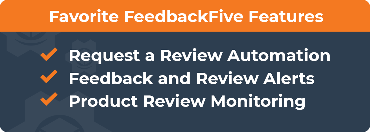 Graphic showing the favorite FeedbackFive features of Perfect Plants Nursery: request a review automation, feedback and review alerts, and product review monitoring