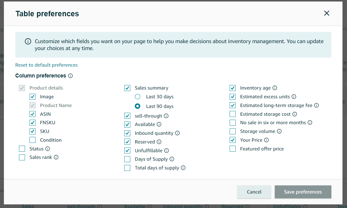 FBA Inventory table preferences