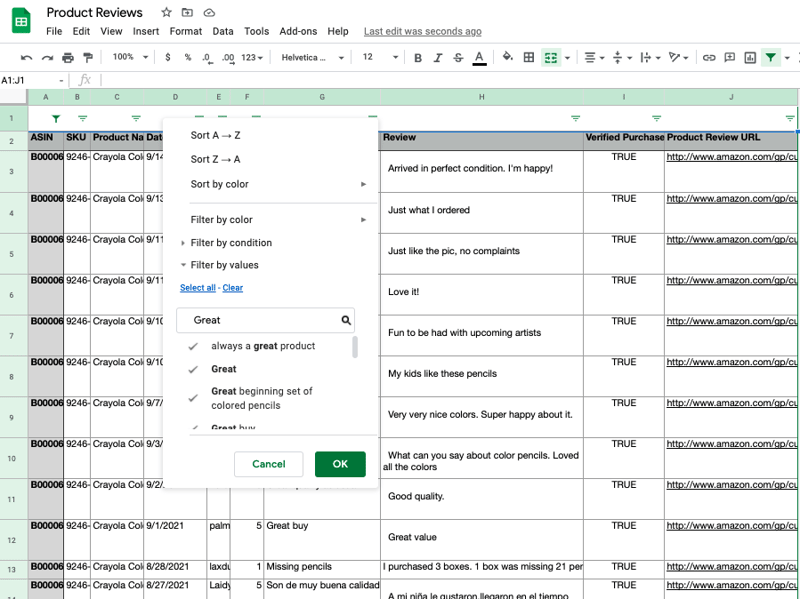 Amazon reviews in CSV with filters applied