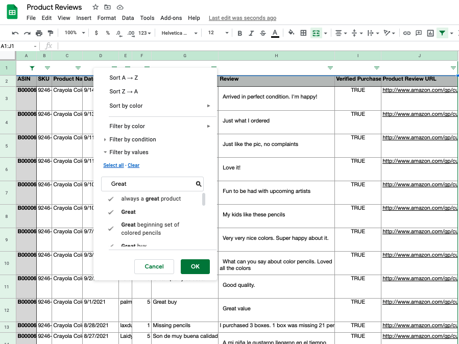 Imported product reviews with filter in Excel