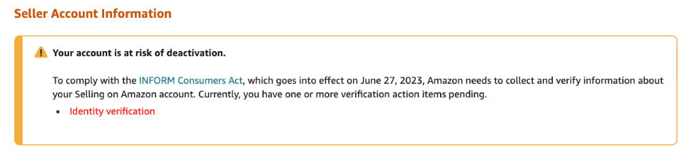 Account deactivation warning for the INFORM Consumers Act in Seller Central