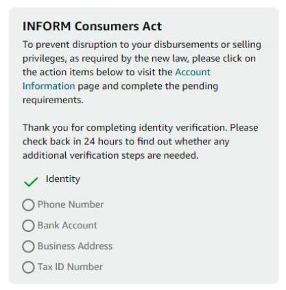 INFORM Consumers Act verification requirements text box in Seller Central