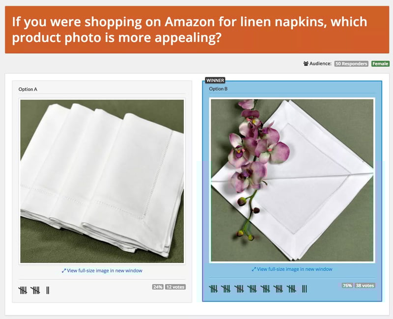 PickFu poll for Amazon linen napkin photos