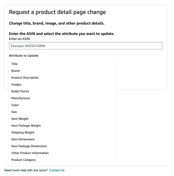 Amazon request a product detail page change form in Seller Central