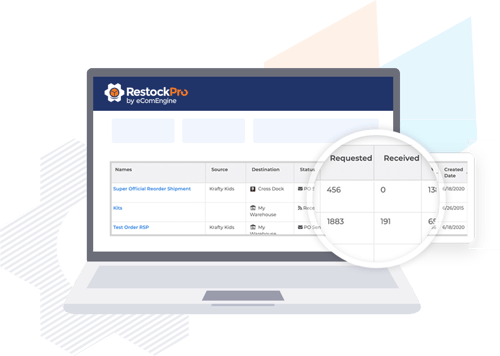 RestockPro Purchase Orders and Shipments page showing requested and received unit columns for tracking Q4 restock orders