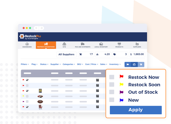 RestockPro Restock Suggestions view with priority flags and estimated margins, helping sellers rank SKUs by Q4 profitability