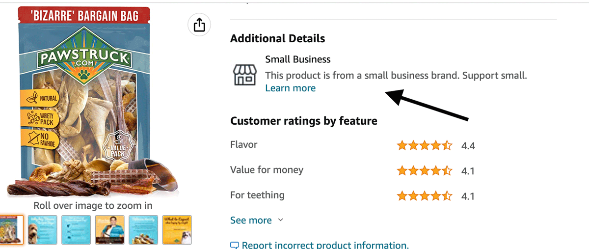 Amazon Small Business badge in the product details section of a product listing
