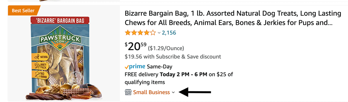 Amazon Small Business badge at the top of a product listing