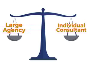 Scale weighing text that says large agency on the left and individual consultant on the right