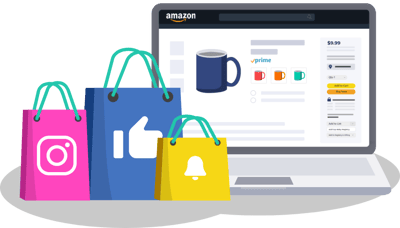 Illustration of laptop with Amazon listing and social media shopping bags