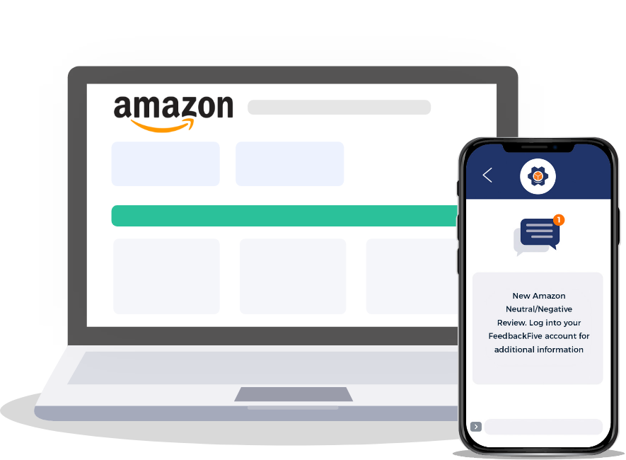 Laptop with Seller Central illustration next to mobile phone with Amazon review alert from FeedbackFive