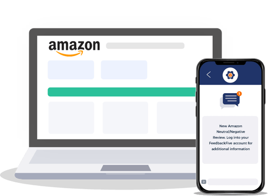 Laptop with Seller Central illustration next to mobile phone with Amazon review alert from FeedbackFive