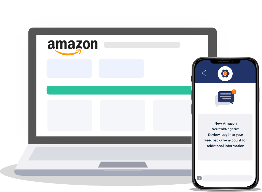Illustration of an Amazon dashboard and a FeedbackFive mobile review alert on mobile