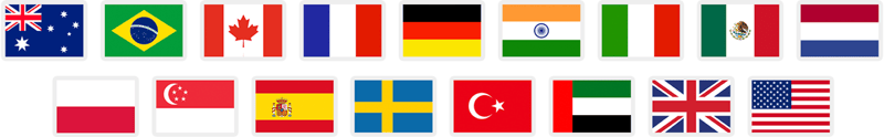 Sixteen flag icons that represent Amazon marketplaces supported by FeedbackFive