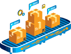 Illustration of stacked shipping boxes on a conveyor belt with a comment bubble displaying a customer review.