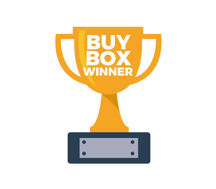 Gold trophy on a black and silver pedestal with text, “Buy box winner”