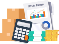 Illustration of calculator, boxes, and FBA fees report