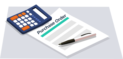 Illustration of calculator, pen, and purchase order document