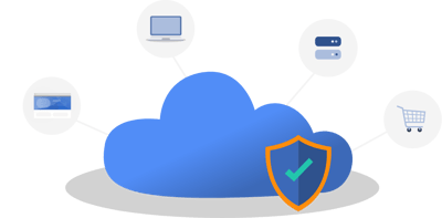Illustration of cloud with badge, shopping cart, and computer icons