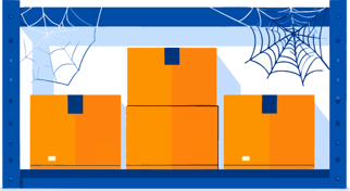 Illustration of stacked boxes in a warehouse with cobwebs, symbolizing hidden or accumulating storage fees.