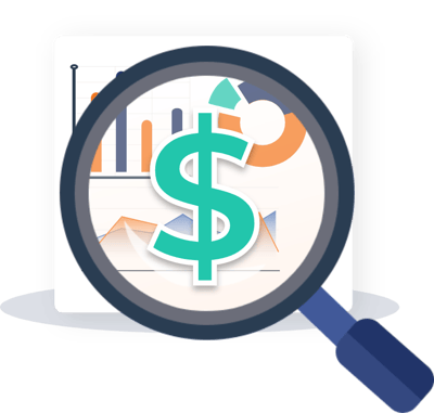 Magnifying glass over sales charts with a dollar sign displayed