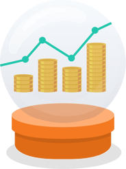 Illustration of a crystal ball with an upward-trending graph and money inside