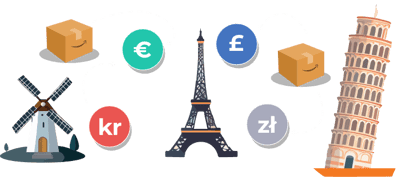 Illustration of European landmarks and currency 
