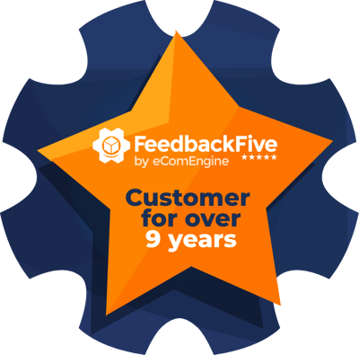 Star and gear badge with text, "FeedbackFive customer for over 9 years"