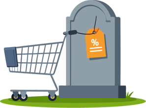 Illustration of a gravestone with a price tag and shopping cart, symbolizing lost profit from Amazon promotions.
