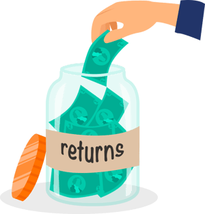Hand putting money into a jar labeled "returns"