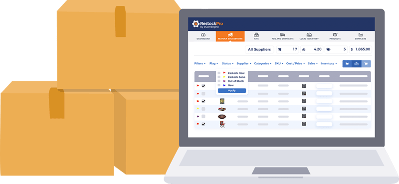 Illustration of boxes with laptop showing RestockPro software on the screen
