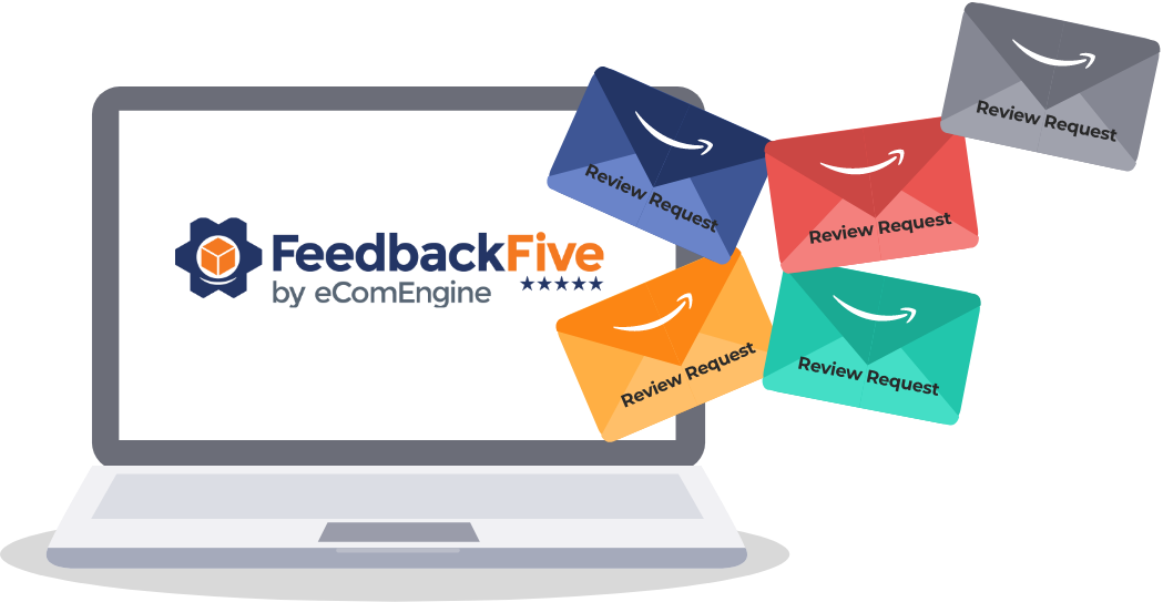 Laptop showing FeedbackFive logo and Amazon review request envelopes coming out of the screen