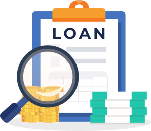 Magnifying glass over loan documents with money