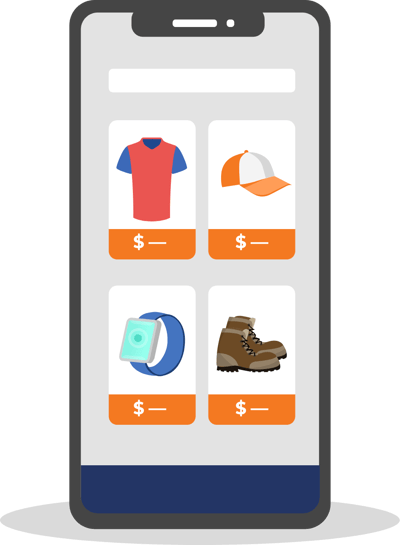 Illustration of mobile phone with items available for purchase