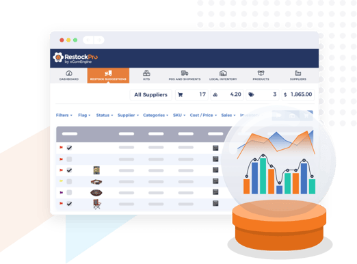 Illustration of RestockPro's restock suggestions and inventory forecasting graph in crystal ball