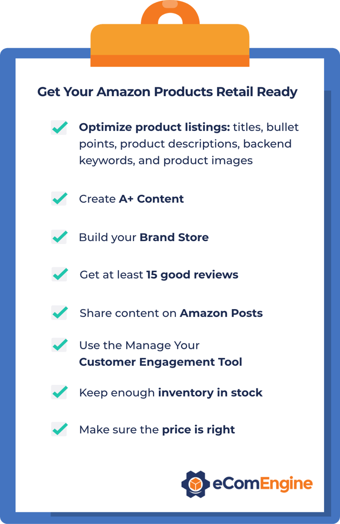 Checklist on clipboard with steps for making eCommerce products retail ready