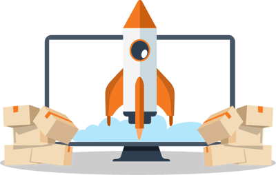 An illustration of a rocket on a monitor with boxes