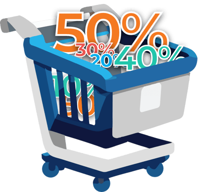 Illustration of shopping cart full of percentage discounts