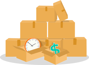 Stacks of boxes with open boxes in the foreground holding a clock and dollar sign