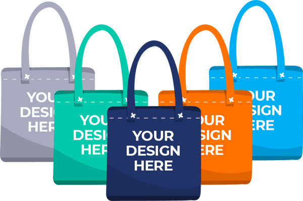 Tote bags with "Your design here" text on each one
