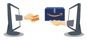 Two monitors with hands holding credit card and Amazon box