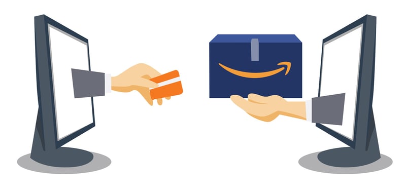 Two computer monitors with hands coming from the screens with a credit card and Amazon box