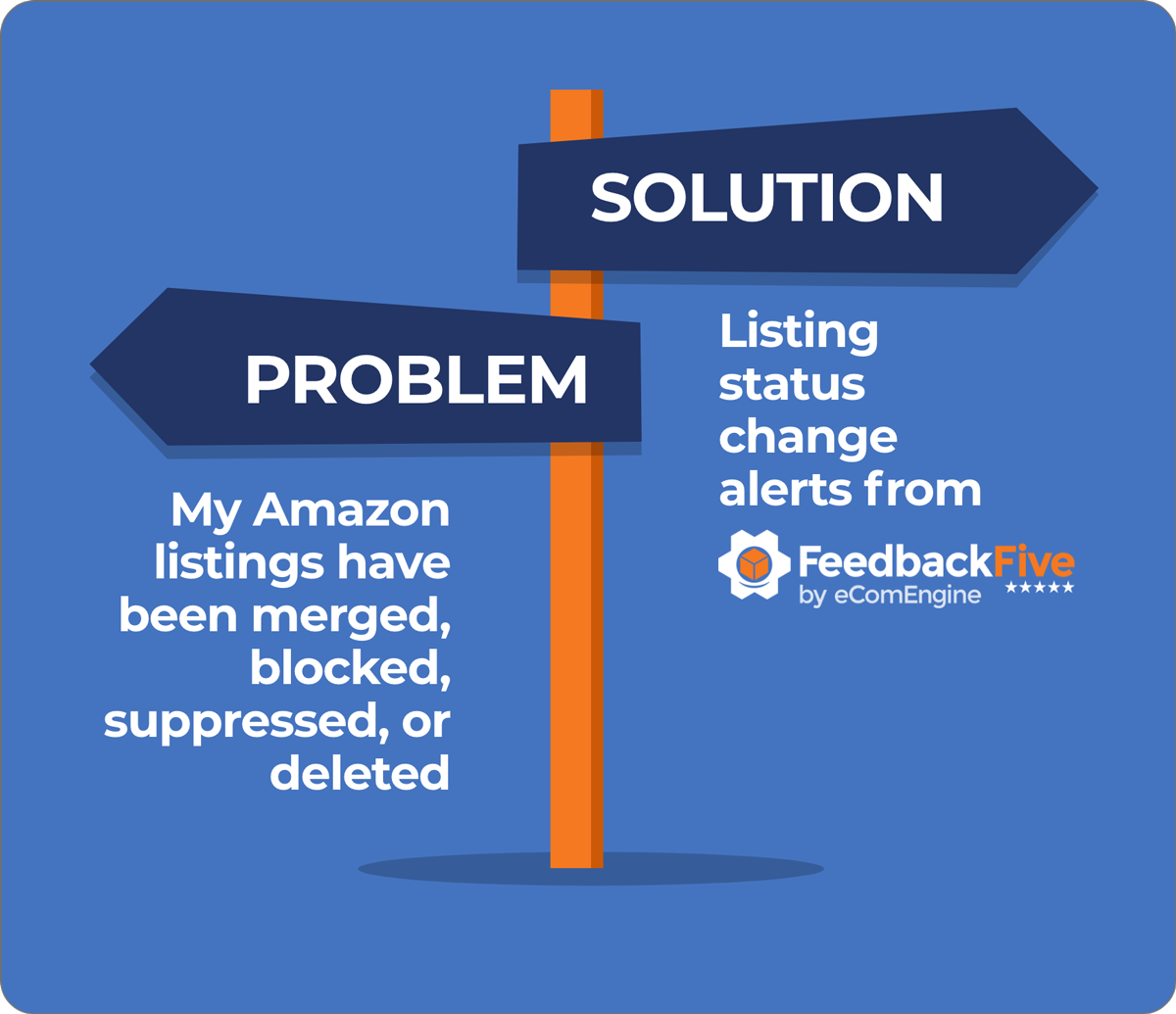 Two-way sign illustration with a problem and a solution for merged, blocked, suppressed or deleted Amazon listings